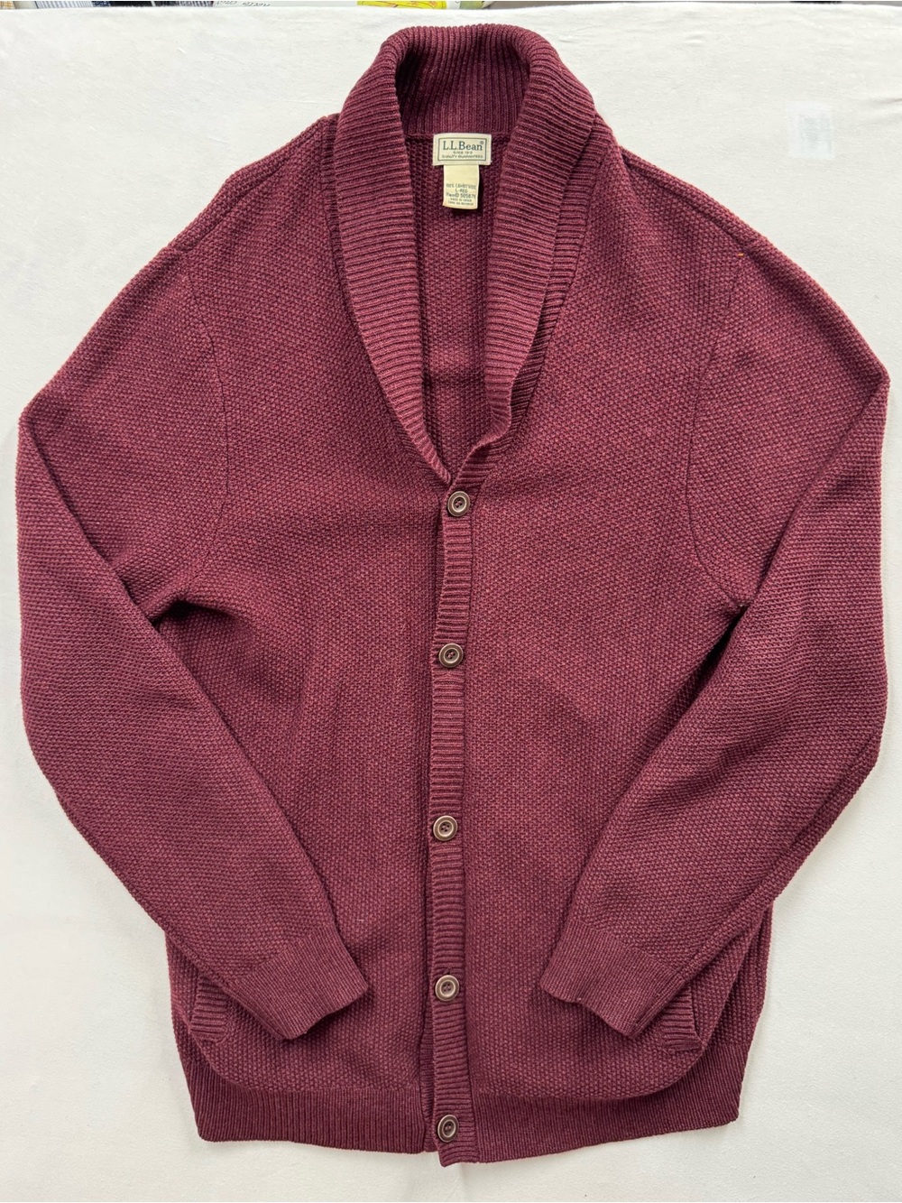 L.L. Bean 100% Lamb's Wool Button Cardigan Mens L Shawl Collar Maroon Burgundy